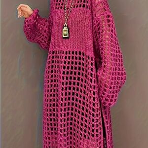 Hot Pink Long Open Weave Sweater Dress Coverup